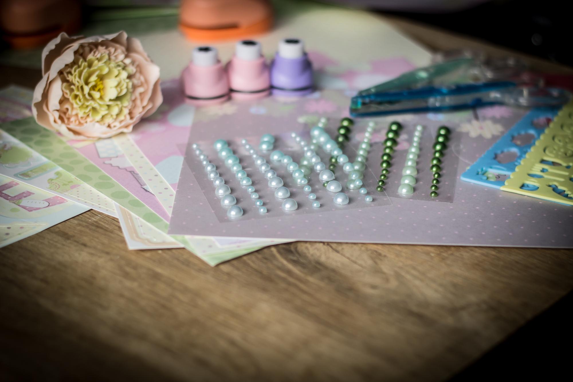 Studio workbench with hoops and color cards